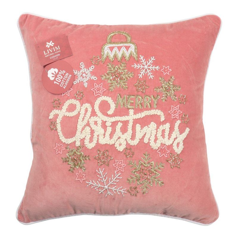 Cojín Navideño Rosa con Copos Dorados