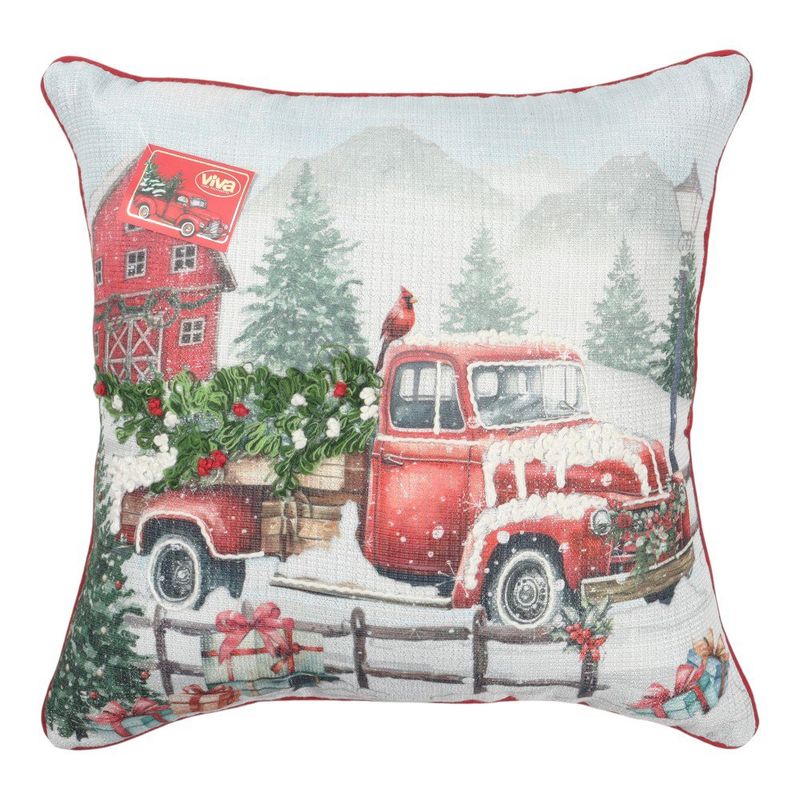 Cojín Decorativo Navideño con Pickup Rojo y Paisaje