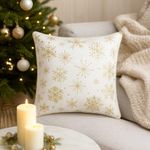 Cojín Decorativo Blanco con Copos de Nieve Dorados