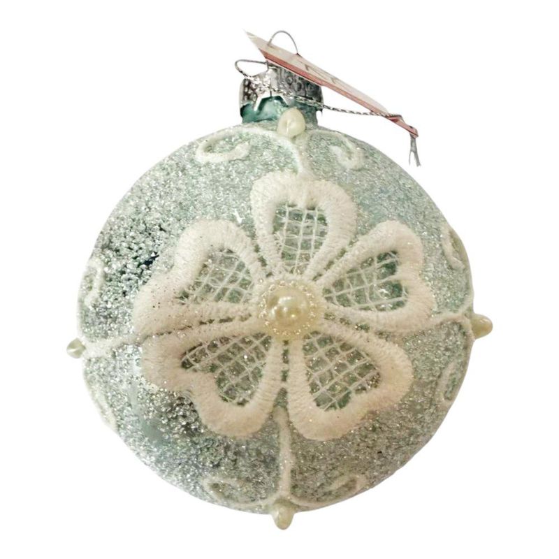 Esfera Navideña Verde con Flor en Encaje y Perla Central