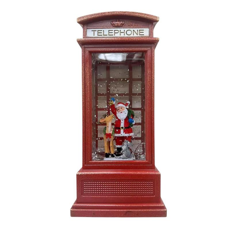 Cabina telefónica navideña con figura de Santa Claus