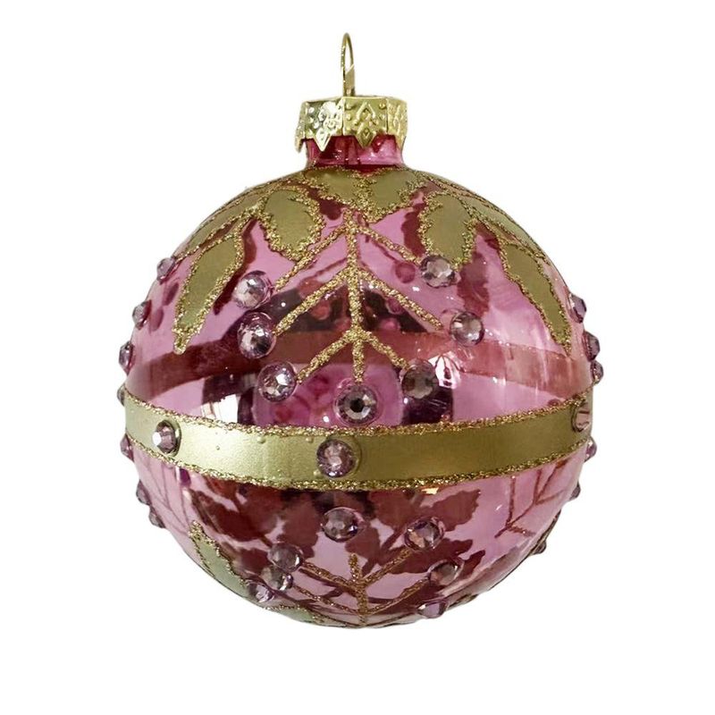 Esfera Navideña Rosa con Hojas Doradas y Piedras Brillantes