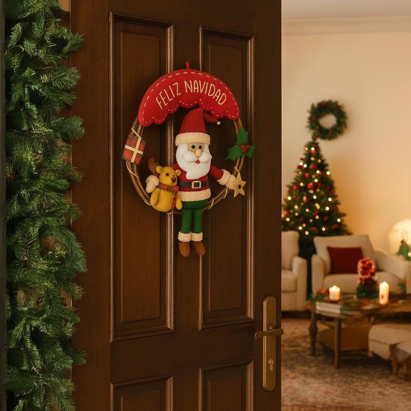 Corona Navideña con Santa y Reno