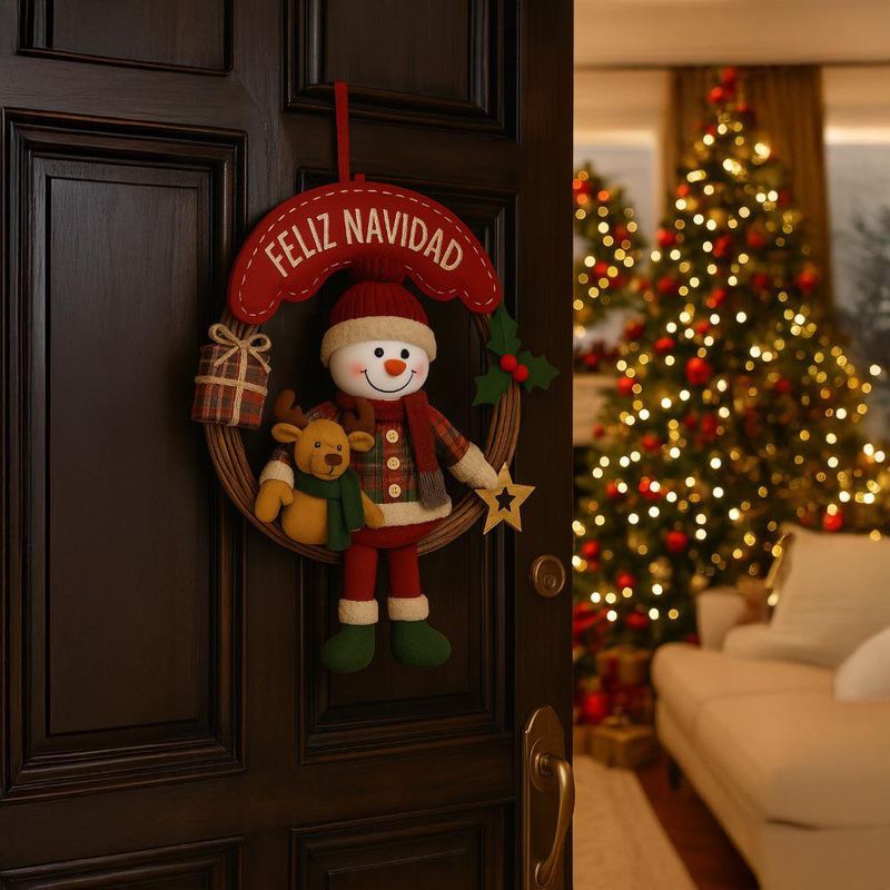 Corona Navideña con Muñeco de Nieve y Reno