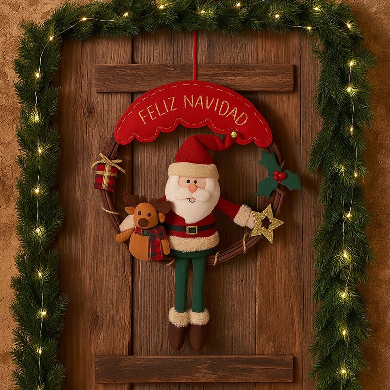 Corona Navideña con Santa y Reno