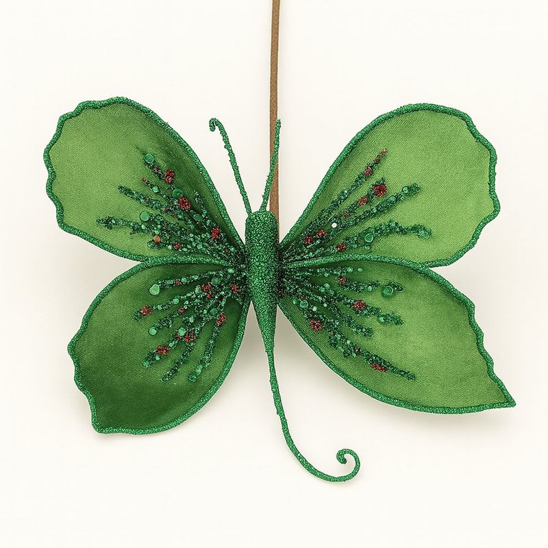 Mariposa Decorativa Verde con Alas de Tela y Brillos
