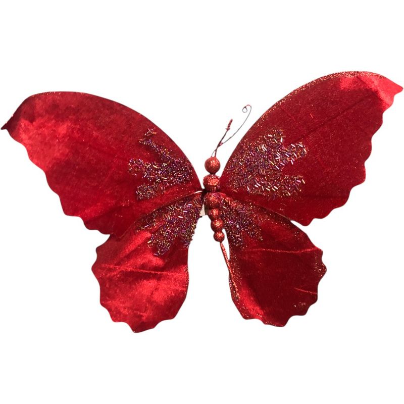 Mariposa Decorativa Roja con Alas de Tela y Brillos