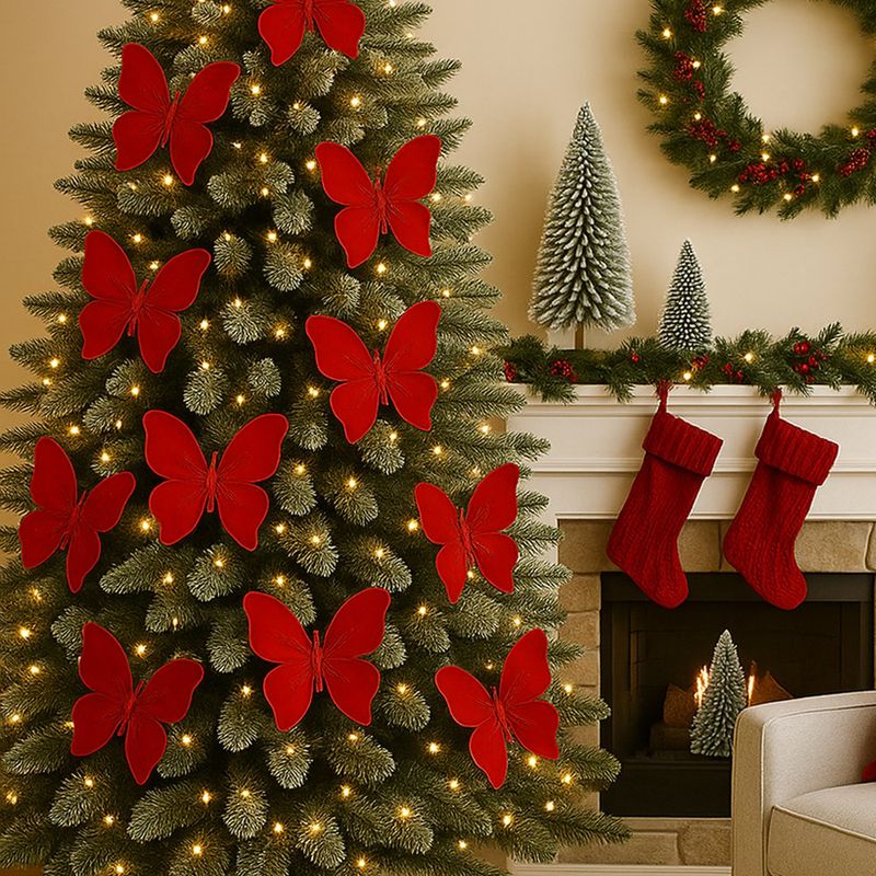 Mariposa Decorativa Roja con Alas de Tela y Brillos