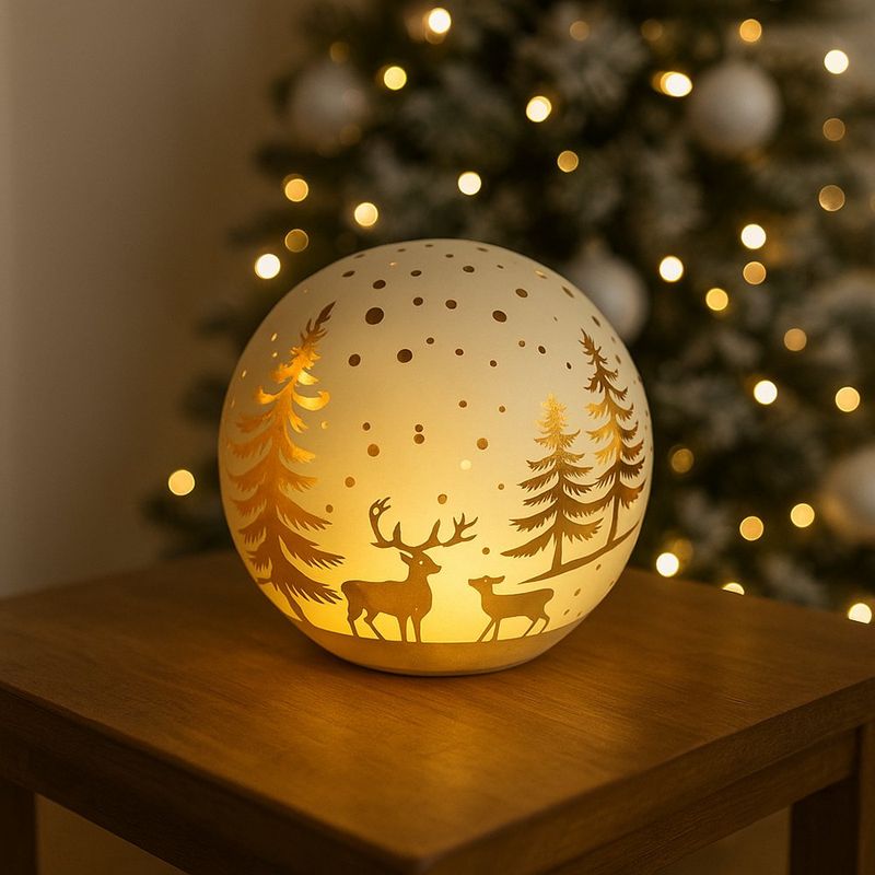 Bola Led Navideña Blanca con Pinos Dorados