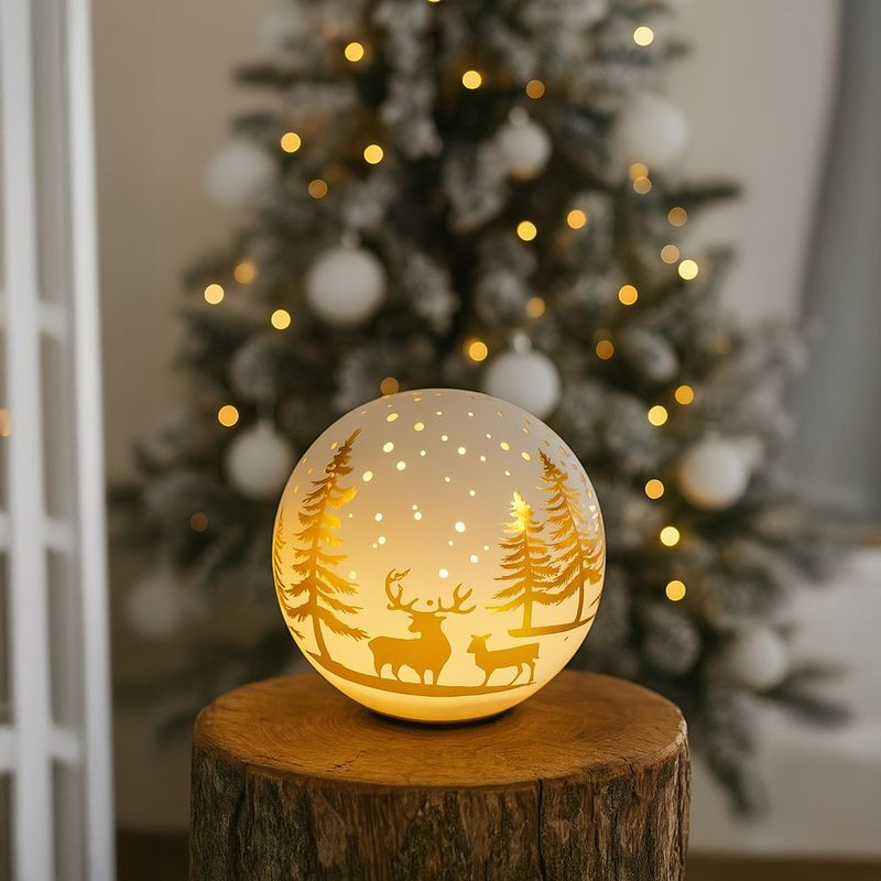 Bola Led Navideña Blanca con Pinos Dorados