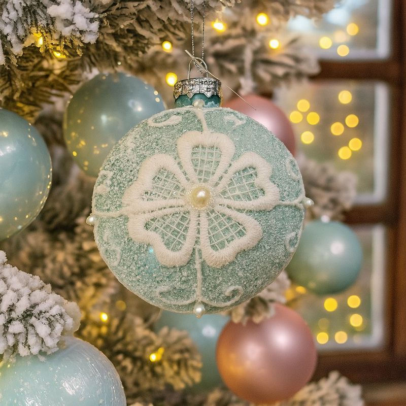 Esfera Navideña Verde con Flor en Encaje y Perla Central