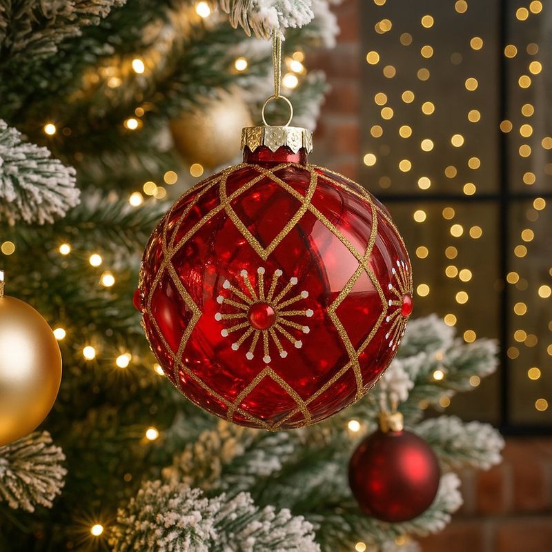 Bomba Navideña 8 cm Color Rojo con Detalles Dorados y Blancos