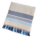 Camino de Mesa Beige con Guardas Celestes y Borlas