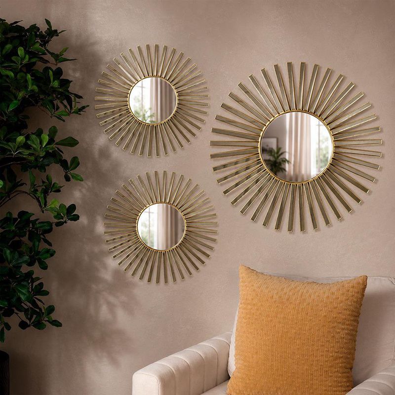Set de 3 Espejos Decorativos con Rayos en Color Dorado de 40 x 40 Cm