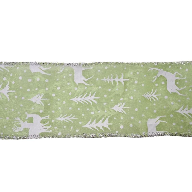 Listón Navideño Figuras Blancas de 2.5 plg x 10 yardas Color Verde