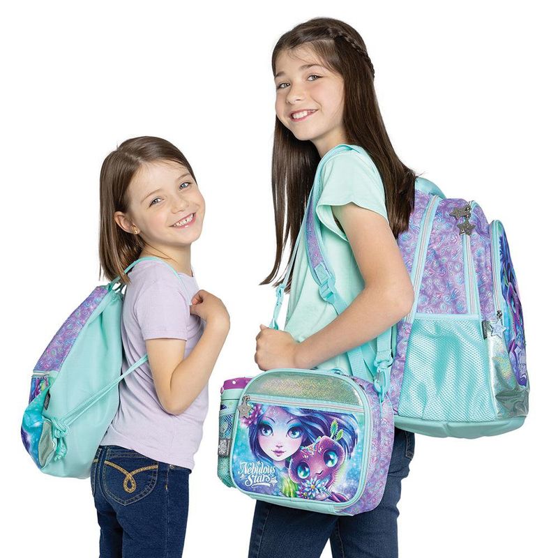Mochila Escolar Celeste y Lila con Diseño de Fantasía