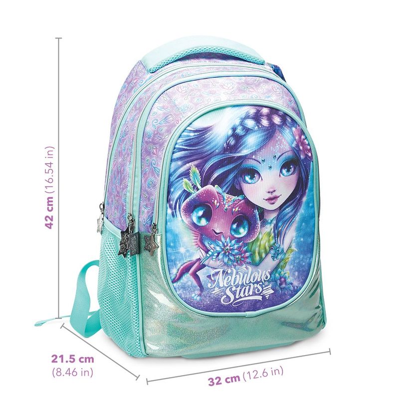 Mochila Escolar Celeste y Lila con Diseño de Fantasía