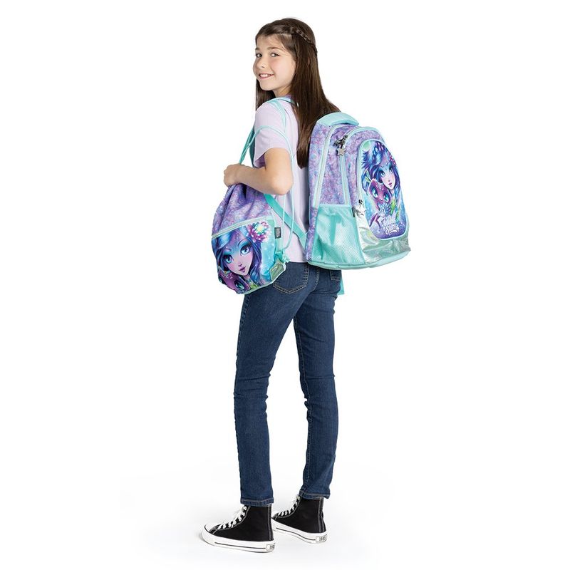 Mochila Escolar Celeste y Lila con Diseño de Fantasía
