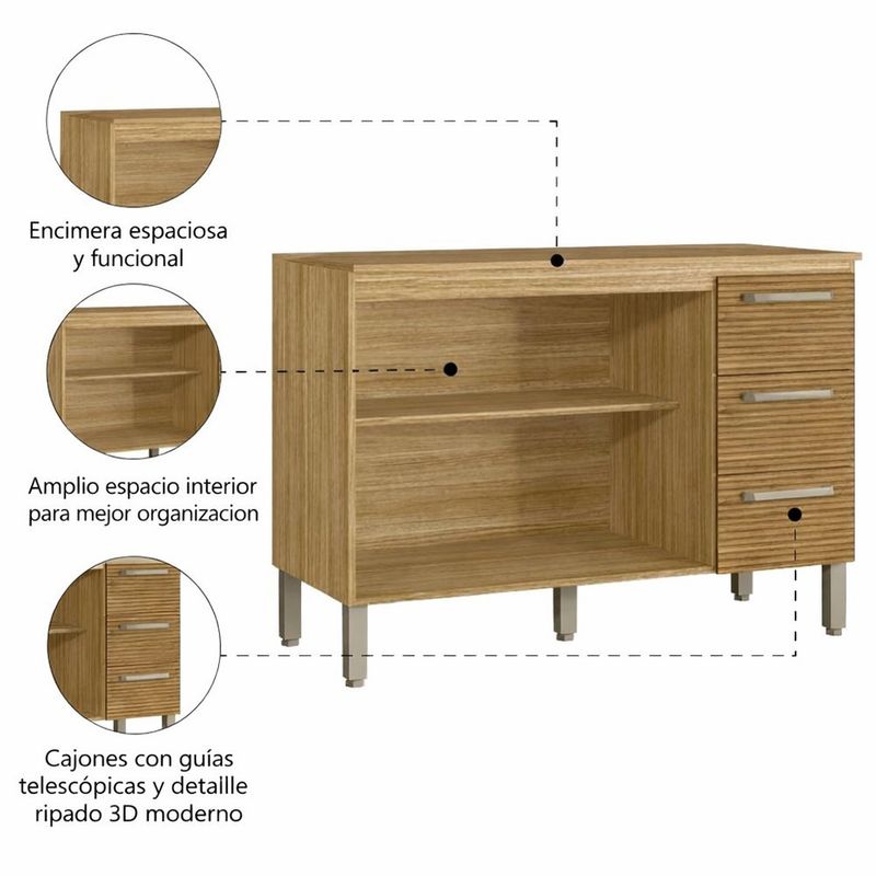 Gabinete Base Cenizo para Cocina de 120 cm con 3 Gavetas y Estantes Abiertos