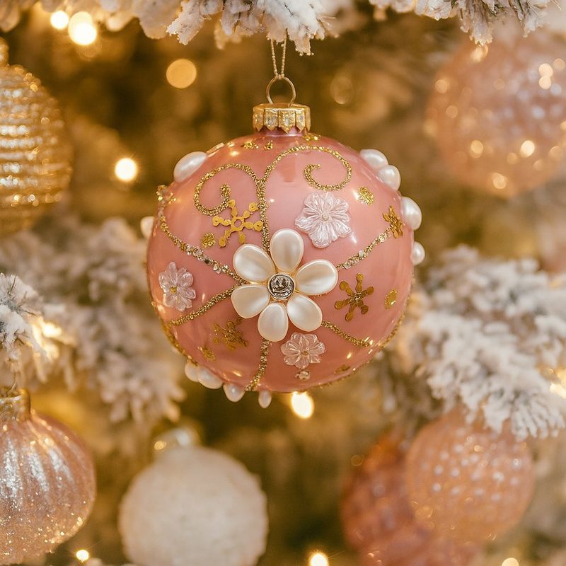 Esfera Rosa con Flores en Relieve y Perlas