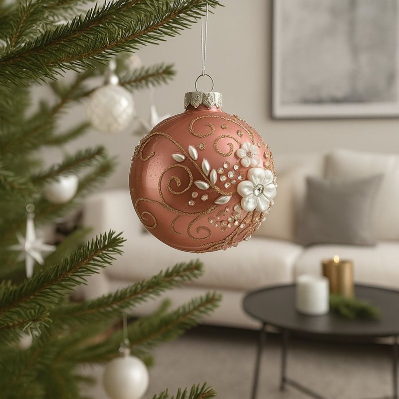 Esfera Rosa con Flores en Relieve y Perlas