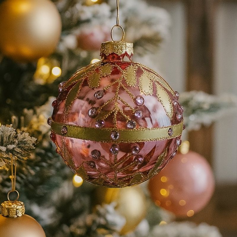Esfera Navideña Rosa con Hojas Doradas y Piedras Brillantes