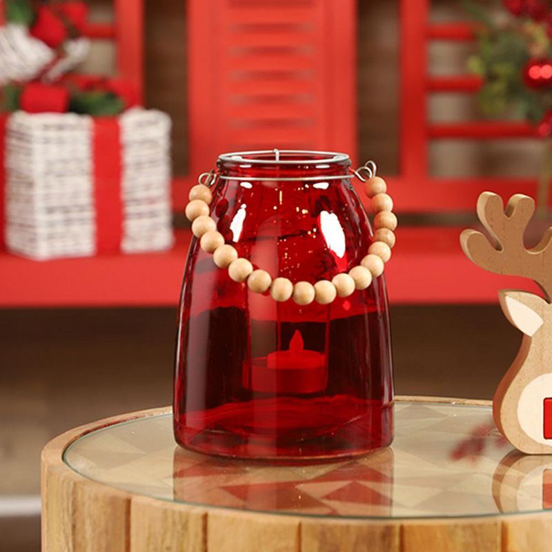 Portavelas de Vidrio Rojo con Asa Decorativa