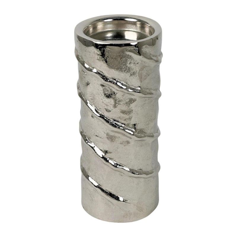Portavela Cilíndrico Plateado Con Textura Espiral