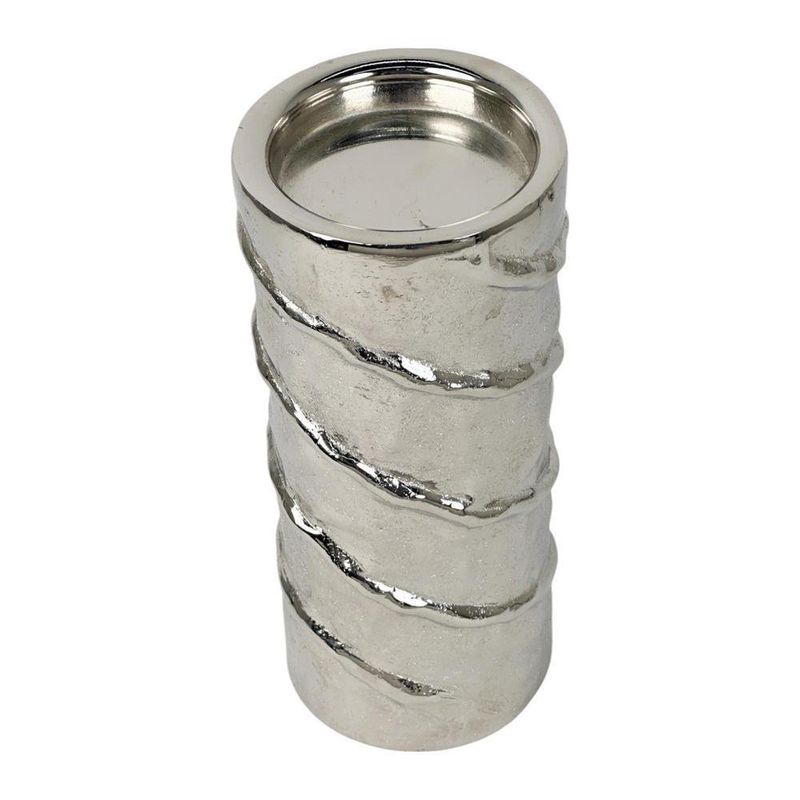 Portavela Cilíndrico Plateado Con Textura Espiral