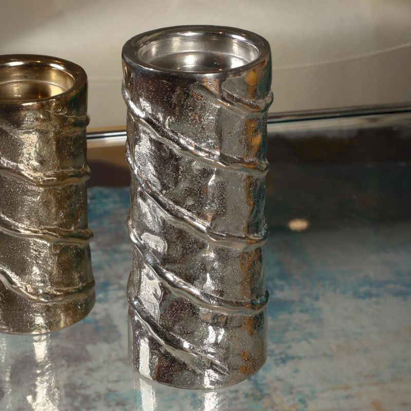 Portavela Cilíndrico Plateado Con Textura Espiral