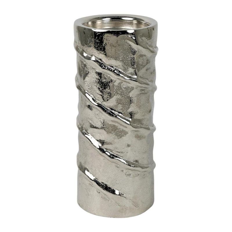 Portavela Cilíndrico Plateado Con Textura Espiral