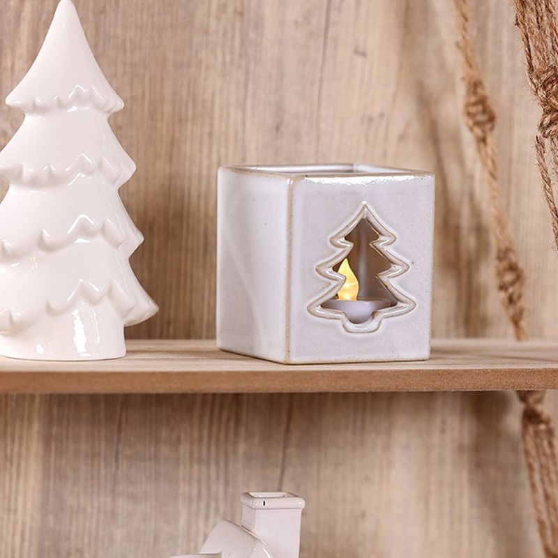 Portavela Blanco Con Forma Cuadrada y Diseño de Árbol