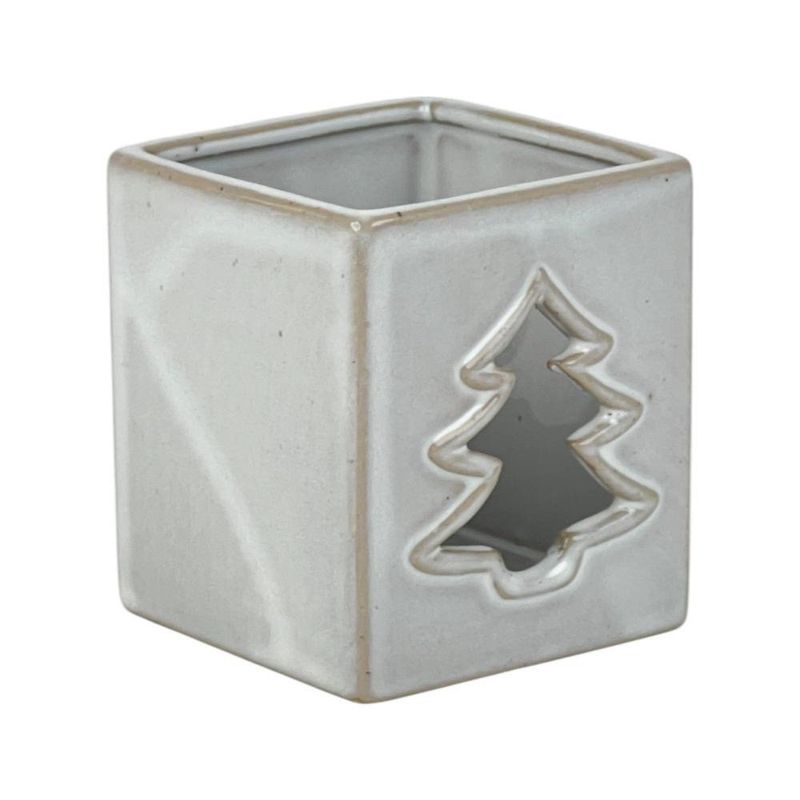 Portavela Blanco Con Forma Cuadrada y Diseño de Árbol