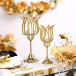 Lámpara Tulipán Dorada de Mesa con Portavela