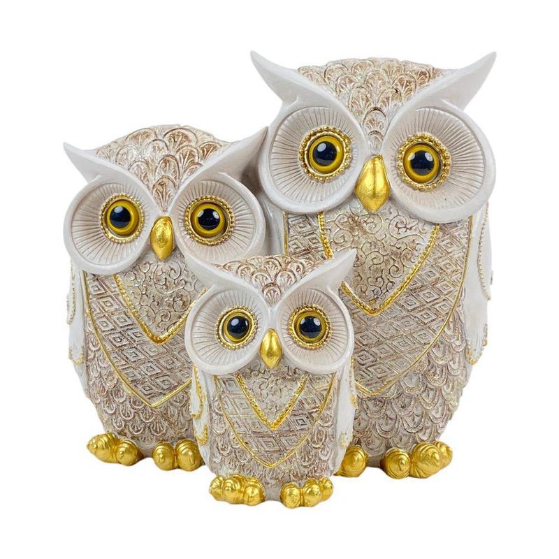 Trío de Búhos Decorativos en Dorado y Blanco