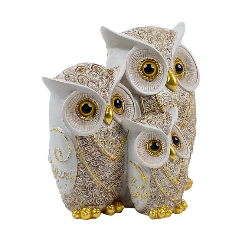 Trío de Búhos Decorativos en Dorado y Blanco