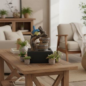 Fuente Decorativa con Luz y Ave Azul sobre Tronco