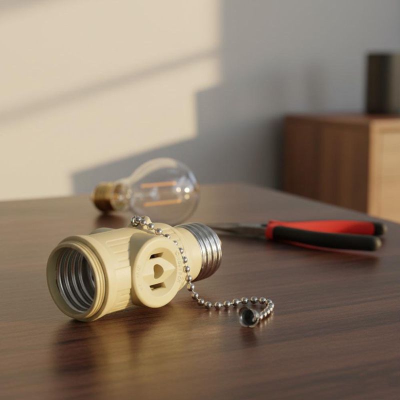 Socket Base E27 con Cadena + Toma Doble Marfil