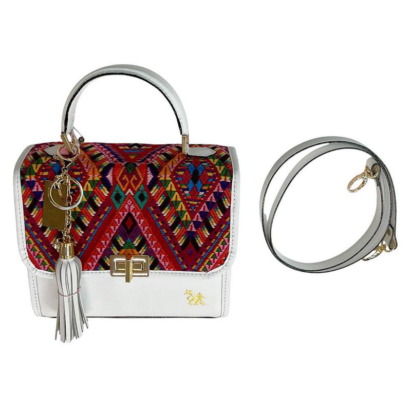 Bolso de Cuero Blanco con Tejido Artesanal y Llavero