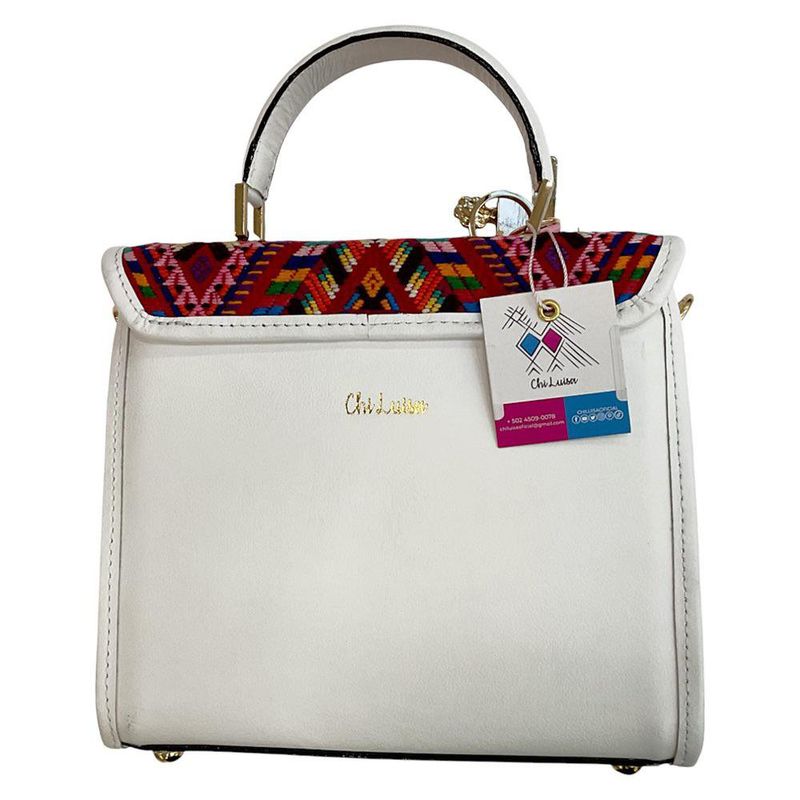 Bolso de Cuero Blanco con Tejido Artesanal y Llavero