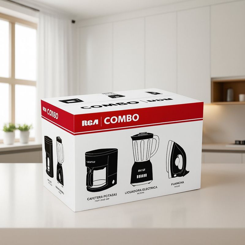 Combo Hogar RCA: Cafetera, Licuadora y Plancha.