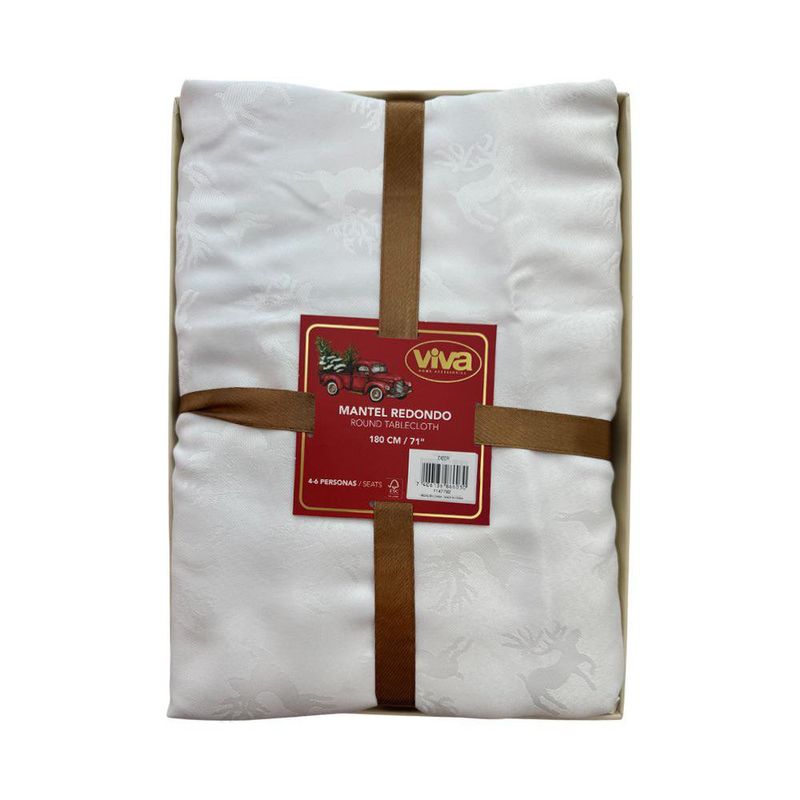 Mantel Redondo Blanco Navideño con Diseño de Renos