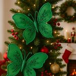 Mariposa Decorativa Verde con Alas de Tela y Brillos