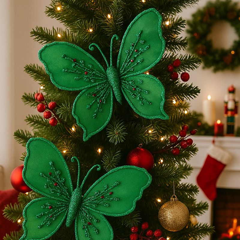 Mariposa Decorativa Verde con Alas de Tela y Brillos