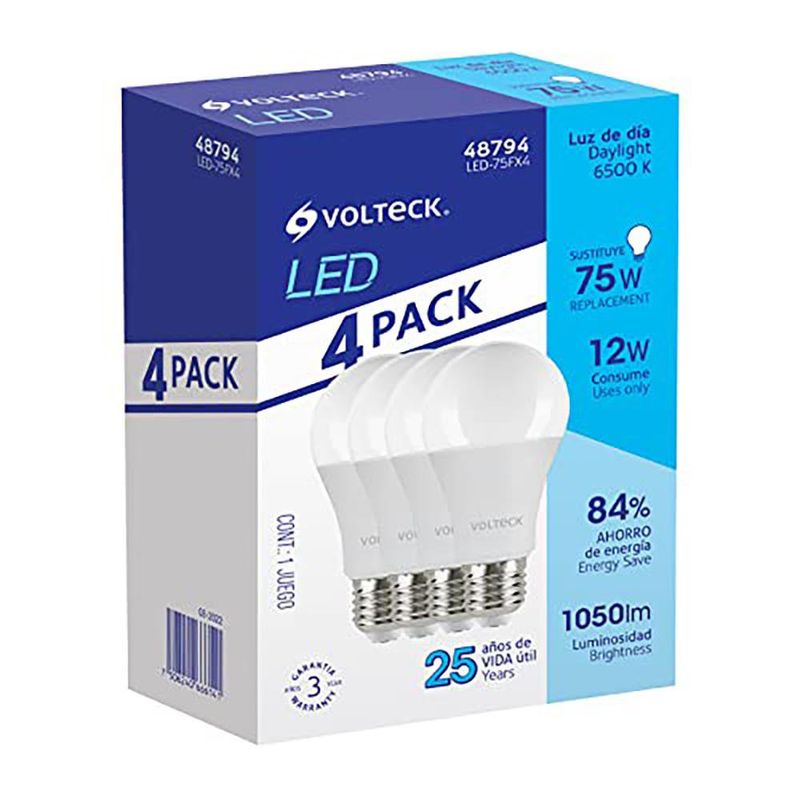 Bombillas LED de 12W A19 Tamaño Estándar Luz Fría 4 Unidades