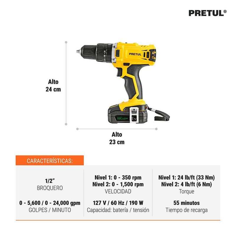 Barreno Percutor 1/2 Plg 20 V con Accesorios