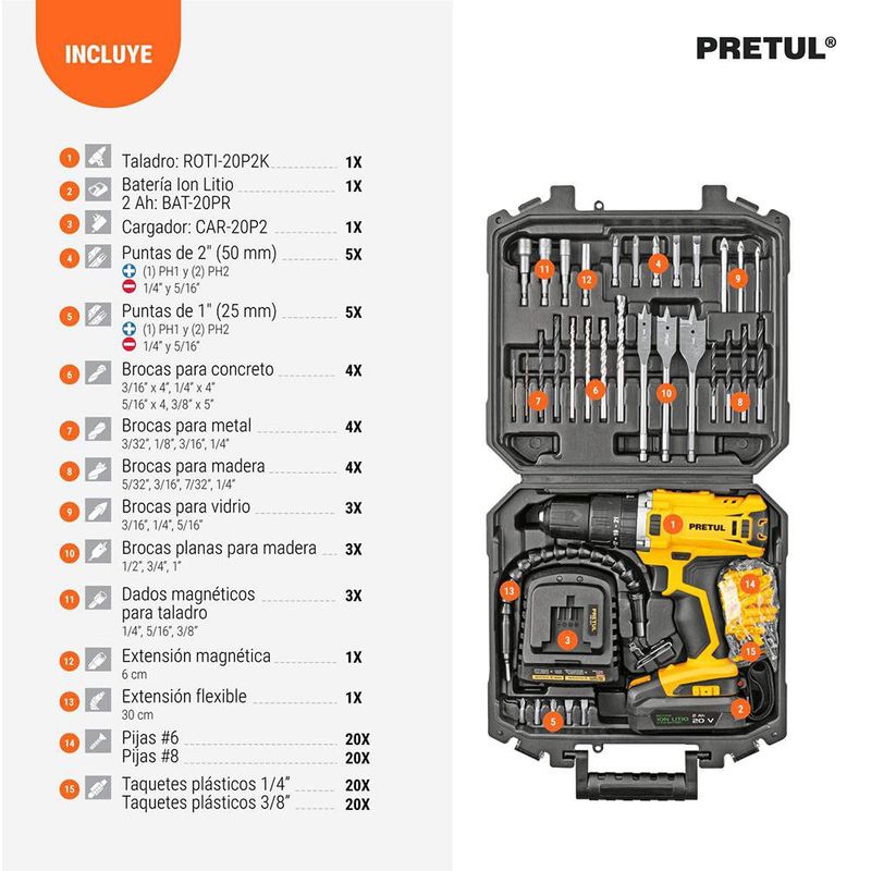 Barreno Percutor 1/2 Plg 20 V con Accesorios