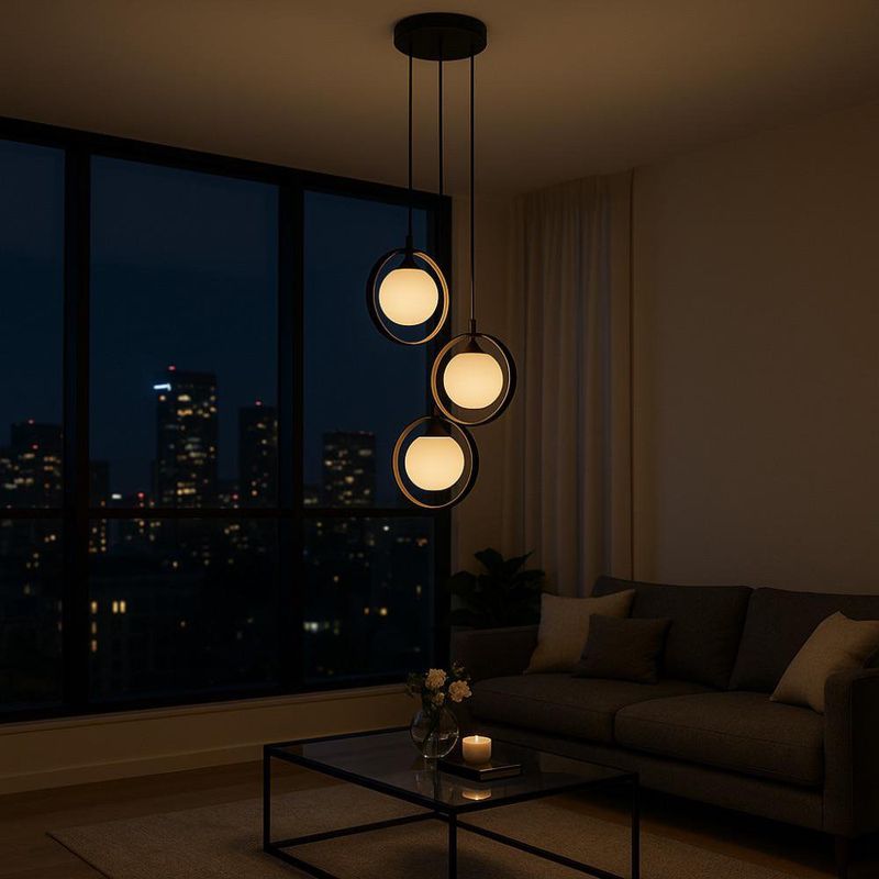 Lámpara Colgante 3 Luces Circulares Vidrio Esmerilado Negra 40W