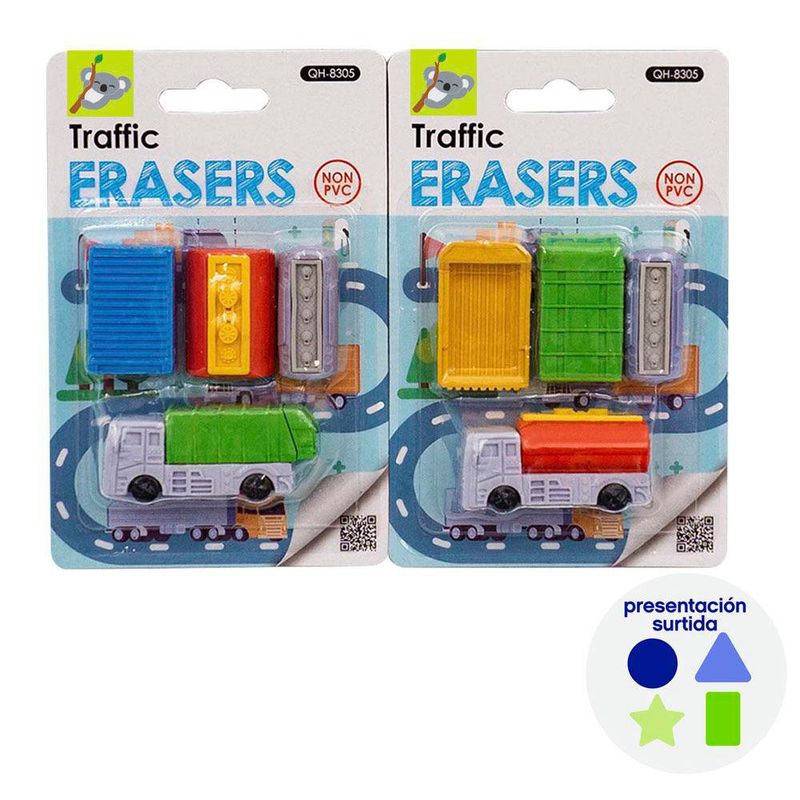 Set de Borradores Transportes 4 Pzas Diseños Surtidos