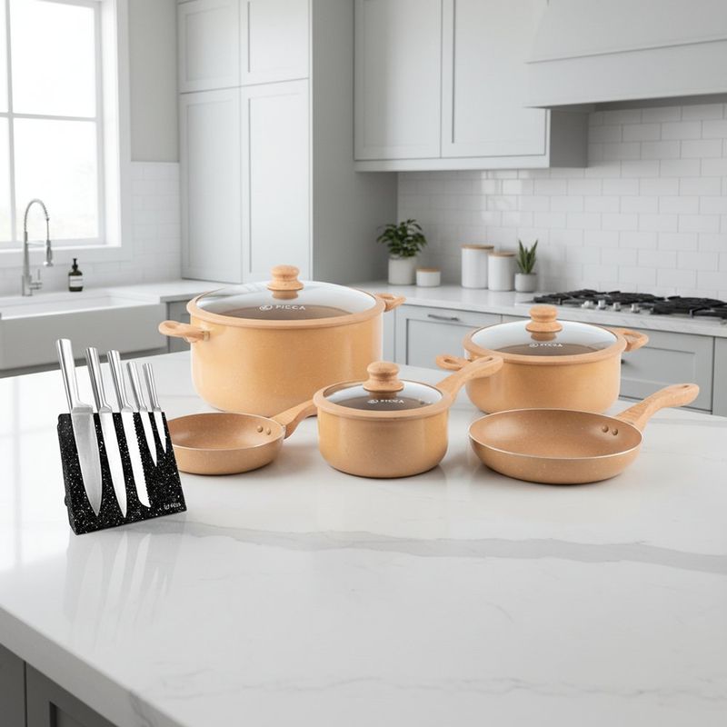 Batería de Cocina Gravina Mármol Caramelo con Juego De Cuchillos